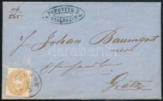 1865 Levél 15kr bérmentesítéssel "SZOLNOK" - piros / red "GRAZ" teljes tartalommal