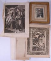Vegyes metszet tétel, 4 db, közte Siennai Szent Katalin, az egyik foltos, kettő hajtott, 46x29 cm és 26x32 cm közötti méretben + Régi nyomat, paszpartuban, üvegezett keretben, 12x13 cm, keret: 23x26 cm