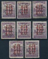 Nyugat-Magyarország VI. 1921 8 db Arató 10K/15f, közte "törött 1" lemezhiba, hármaslyukasztás, Bodor vizsgálójellel, vegyes minőség / mixed quality (**13.600) (1 bélyeg falcos / 1 hinged stamp)