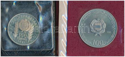 1981. 100Ft Cu-Ni-Zn műbőr tokban + 1982. 100Ft Cu-Ni "Labdarúgó világbajnokság 1982" eredeti műbőr tokban, tanúsítvánnyal (a keret nem törött) T:PP,BU patina