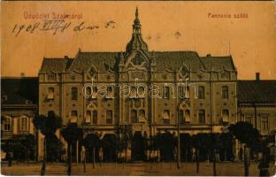 1908 Szatmárnémeti, Szatmár, Satu Mare; Pannonia szálloda, üzletek. Cseplák Bálint kiadása (W.L. ?) / hotel, shops (ázott / wet damage)