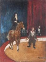 Otto Wolf jelzéssel: Cirkusz bohóccal. Olaj, farost. Hátoldalán Kovács Dezső műgyűjtő, műkereskedő hagyatéki bélyegzővel. Sarkaiban apró sérülésekkel. 40,5x30,5 cm