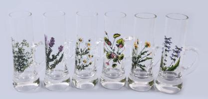 Kristály likőrös pohár készlet, 6 darab, növénymintákkal, kis pattogzással, m: 10,5 cm