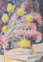 Farkasházy Miklós (1895-1964): Sárga tulipánok. Akvarell, papír. Jelzett. Üvegezett fakeretben. 42x29,5 cm
