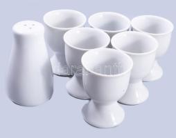 Porcelán lágytojás kínáló szett, 6 darab, sószóróval, m: 6-8 cm