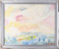 Olvashatatlan jelzéssel, XX. sz. első fele: Színes táj. Olaj, fa. Hátoldalán régi, kissé töredékes raglappal. Dekoratív, sérült fakeretben. 40x50 cm