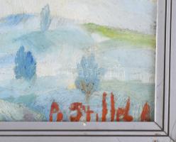 Olvashatatlan jelzéssel, XX. sz. első fele: Színes táj. Olaj, fa. Hátoldalán régi, kissé töredékes r...