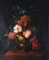 Bányász József jelzéssel, XIX. sz. második fele: Csendélet. Olaj, vászon. Sérült. Dekoratív, antik, kissé sérült fakeretben, 66,5x53,5 cm