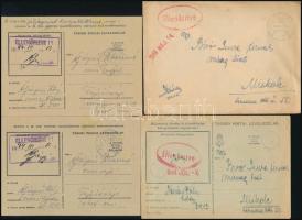 Tábori posta tétel, benne 4 db futott levelezőlap, benne kettő képes, 2 db cenzúrás levél + használatlan: 1 db vöröskeresztes, 3 db tábori