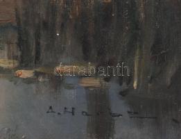 A Harbl (?) jelzéssel, XX. első fele: Vízparti táj. Olaj, vászon. Hátoldalán Szépművészeti Múzeum 9/...