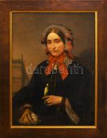 De Coen, Leopold (1834-?): Biedermeier női portré madárkával, 1856. Olaj, vászon. Jelezve jobbra középen lent. Hátoldalán S.A. Servaerts aukciós ház 1996 júniusi raglapjával. Apró sérüléssel. Dekoratív fakeretben, 89x68 cm. KIZÁRÓLAG SZEMÉLYES ÁTVÉTEL, NEM POSTÁZZUK! / ONLY PERSONAL COLLECTION AT OUR OFFICE!