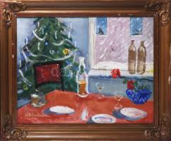 Szentiványi Lajos (1909-1973): Szilveszteri éj. Olaj, vászon, jelezve balra lent. Hátoldalán Képcsarnok Vállalat kissé töredékes raglapjával. Dekoratív, kissé sérült fakeretben, 60×80 cm