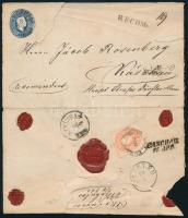 1861 Ajánlott 15kr díjjegyes levél 5kr díjkiegészítéssel "KOMLÓS" - "CASCHAU" kiállítási célból szétnyitva (bélyegeket nem érintő szakadások / tears)