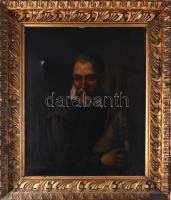 Jelzés nélkül, ifj. David Teniers után, feltehetően XVII-XVIII. sz. festő: Férfi dudával. Olaj, vászon, sérült. Hátoldalán 8/975 sz. címkével (Szépművészeti Múzeum bírálat?). Dekoratív, sérült fakertben. 68,5x56 cm