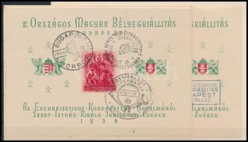 1938 2 db ORBÉK blokk, az egyik "XXXIV. NEMZETKÖZI EUCHARISZTIKUS KONGRESSZUS" és "A 25 ÉVES MABOE BÉLYEGNAP", a másik "III. ORSZÁGOS BÉLYEGKIÁLLÍTÁS" alkalmi bélyegzéssel (12.000)