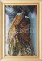 Dobrovits Ferenc (1941-1988): Fácánok, 1985. Olaj, farost, jelezve jobbra lent. Hátoldalán autográf felirattal és Képcsarnok Vállalat címkéjével. Fakeretben. 58x37 cm