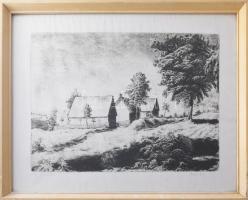 Tarjáni Simkovits Jenő (1895-1995): Három ház. Rézkarc, papír, jelzett. Számozott (50/8). Üvegezett fakeretben. 30×40 cm