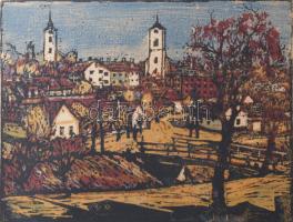 Réti Mátyás (1922-2002): Szentendre. Színes linómetszet, papír, jelzett, paszpartun ázásnyommal. Üvegezett fakeretben. 28×36 cm