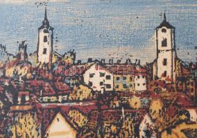 Réti Mátyás (1922-2002): Szentendre. Színes linómetszet, papír, jelzett, paszpartun ázásnyommal. Üve...