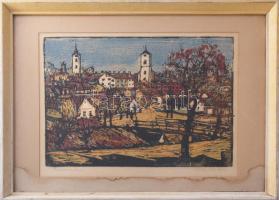 Réti Mátyás (1922-2002): Szentendre. Színes linómetszet, papír, jelzett, paszpartun ázásnyommal. Üve...