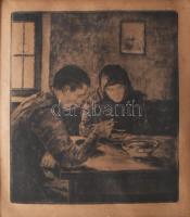 Glatz Oszkár (1872-1958) - Prihoda István (1891-1965): Ebédelők. Rézkarc, papír, jelzés nélkül. Fakeretben, 22×19 cm