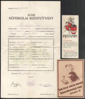 Vegyes papírrégiség tétel, reklámos papírzacskó, levelezőlap, anyakönyvi kivonat, iskolai bizonyítvány stb.