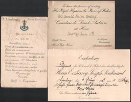 1890-1913 Királyi meghívók és étlap: Walesi herceg, Ferenc Ferdinánd, József Ferdinánd főherceg.
