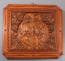 Horváth István: Borospincében. Faragott keményfa fali dísz. Jelzett 38x36 cm