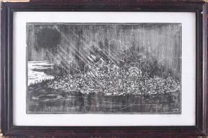 König (Kőnig) Róbert (1951-2014): Mohácsi csata, 1998. Linómetszet, papír, jelzett, művészpéldány EA. I./V. számozással, üvegezett fakeretben, 16x27,5 cm