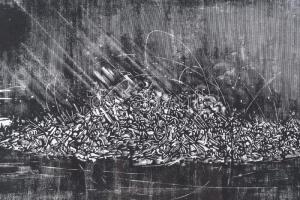 König (Kőnig) Róbert (1951-2014): Mohácsi csata, 1998. Linómetszet, papír, jelzett, művészpéldány EA...