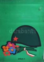 cca 1978-79 Április 4 felszabadulás ünnepe, 4 db retro szocialista plakát, egyik Sós László - Kemény Éva (So-Ky) által tervezett, ofszet, papír, feltekerve, hajtásnyomokkal, tetején és alján fára rögzítve, foltos, részben kissé sérült, 68x23,5 és 68x48 cm körüli méretekben