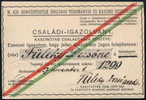 1927 Honvéd Kaszinótag feleségének szóló fényképes igazolvány