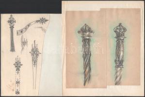 ca 1930 Légrády Sándor (1906-1987) festőművész, grafikus 6 db eredeti kézzel rajzolt iparművészeti tárgyak tervei: gyertyatartók, tükrök, stb. Vegyes technika, papír, 20x30 cm-ig Jelzés nélkül.