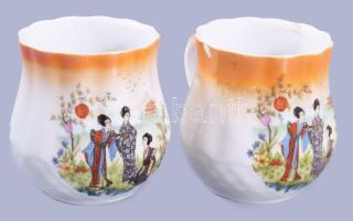 Zsolnay 2 darab japán életképes hasas bögre, jelzett, egyik sérült, m: 9,5 cm