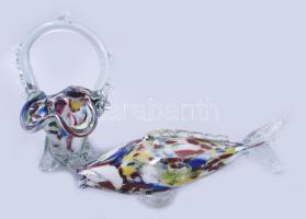 Anyagában színezett üveg hal és kosár, h: 26 cm, m: 19 cm