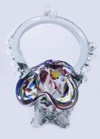 Anyagában színezett üveg hal és kosár, h: 26 cm, m: 19 cm