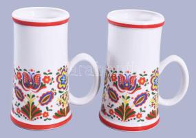 Hollóházi népi mintás bögre pár, jelzett, hibátlan, m: 14,5 cm