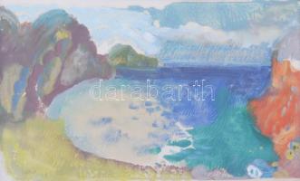 Tallós Ilona (1918-1991): Algériai tengerpart, 1978. Monotípia, papír, jelezve balra lent, 15×25 cm. Üvegezett fakeretben.