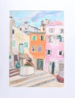 Tallós Ilona (1918-1991), össz. 3 db mű: Zadari utcarészlet, 1968. Vegyes technika, papír, jelezve balra lent, 50×35,5 cm. Paszpartuban. + 2 db tanulmányrajz: Konyhában álló hölgy és ülő alak. Kréta, papír, jelzés nélkül. 41,5x29,5 cm