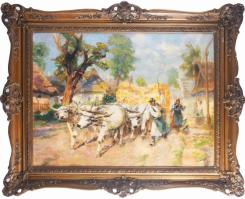 Cserna Károly (1867-1944): Ökrös szénás szekér. Olaj, vászon, jelzett. Hátoldalán Cserna Károly autográf feliratával. Dekoratív, kissé sérült fakeretben. 60×80 cm