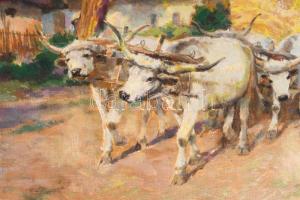 Cserna Károly (1867-1944): Ökrös szénás szekér. Olaj, vászon, jelzett. Hátoldalán Cserna Károly auto...