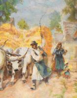 Cserna Károly (1867-1944): Ökrös szénás szekér. Olaj, vászon, jelzett. Hátoldalán Cserna Károly auto...