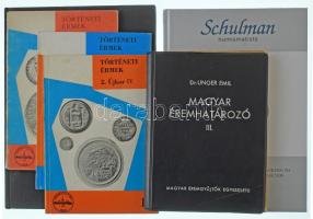 Dr. Unger Emil: Magyar éremhatározó III. Magyar Éremgyűjtők Egyesülete, Budapest, 1976. Második, átdolgozott kiadás. Használt, szép állapotban + B. Sey Katalin - Gedai István: Éremkincsek - Magyar Nemzeti Múzeum Kincsei. Magyar Helikon, Corvina, Budapest, 1972. Jó állapotban, de védőborító nélkül + "Történeti érmék" három kötete (5., 12., 14.) használt állapotban + Schulman 2025. márciusi árverési katalógus újszerű állapotban