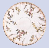 Antik Sarreguemines csésze alátéttel, jelzett, kopással, repedéssel, d: 12 cm