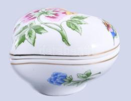 hollóházi hortenzia mintás szív alakú bonbonier, jelzett, hibátlan, 10x10 cm