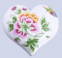 hollóházi hortenzia mintás szív alakú bonbonier, jelzett, hibátlan, 10x10 cm