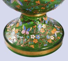 Hutaüveg váza, zománc festéssel, virágos és pillangós díszítéssel. Moyser? XIX. sz. Kézzel festett, ...