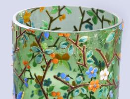 Hutaüveg váza, zománc festéssel, virágos és pillangós díszítéssel. Moyser? XIX. sz. Kézzel festett, ...