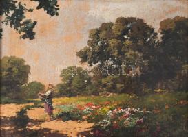 Neogrády László (1896-1962): Lány virágzó réten. Olaj, karton. Jelezve balra lent. Dekoratív fakeretben. 30×41 cm