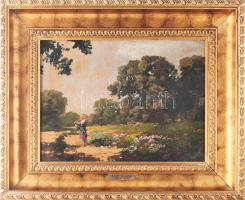 Neogrády László (1896-1962): Lány virágzó réten. Olaj, karton. Jelezve balra lent. Dekoratív fakeret...